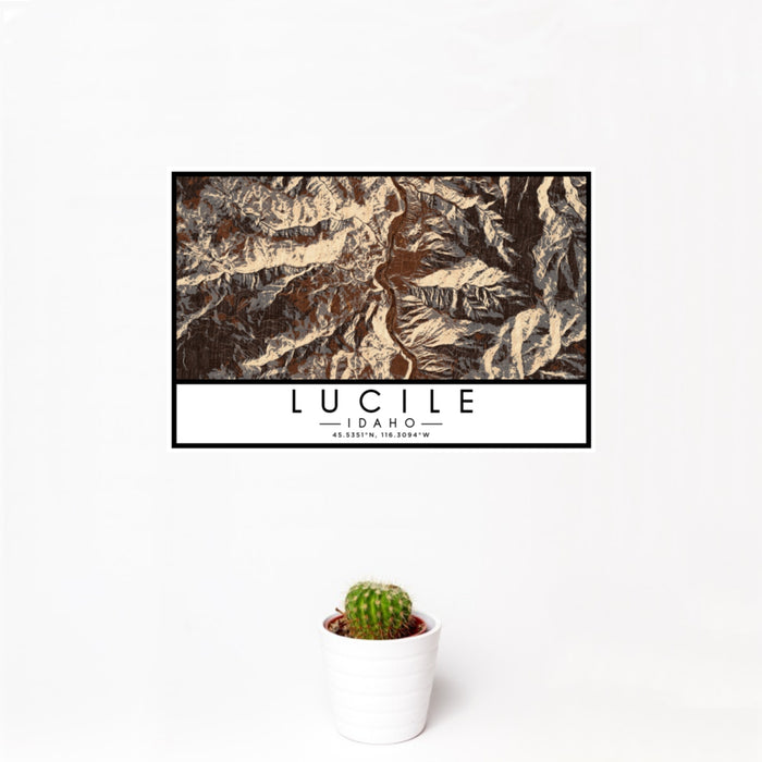 12x18 Lucile Idaho Map Print Landscape Orientation in Ember Style With Small Cactus Plant in White Planter