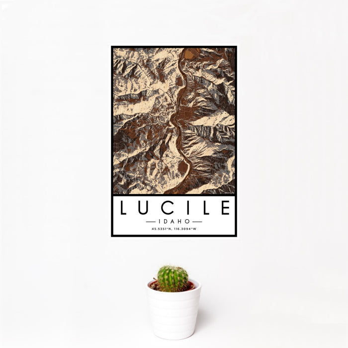 12x18 Lucile Idaho Map Print Portrait Orientation in Ember Style With Small Cactus Plant in White Planter