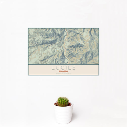 12x18 Lucile Idaho Map Print Landscape Orientation in Woodblock Style With Small Cactus Plant in White Planter