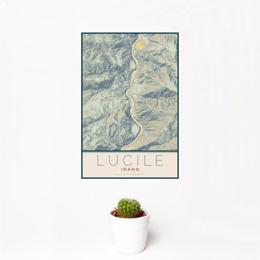 12x18 Lucile Idaho Map Print Portrait Orientation in Woodblock Style With Small Cactus Plant in White Planter