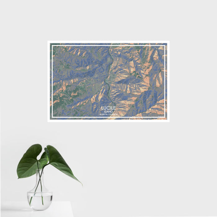 16x24 Lucile Idaho Map Print Landscape Orientation in Afternoon Style With Tropical Plant Leaves in Water