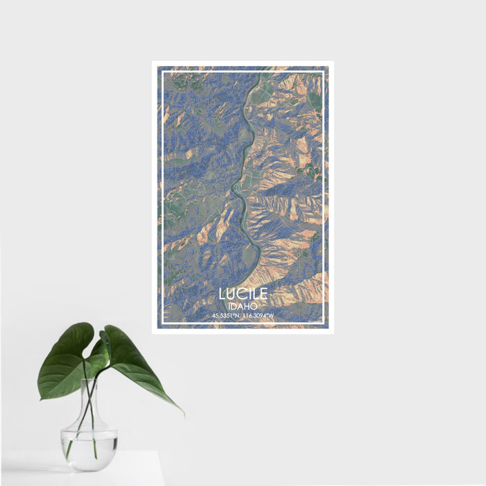 16x24 Lucile Idaho Map Print Portrait Orientation in Afternoon Style With Tropical Plant Leaves in Water