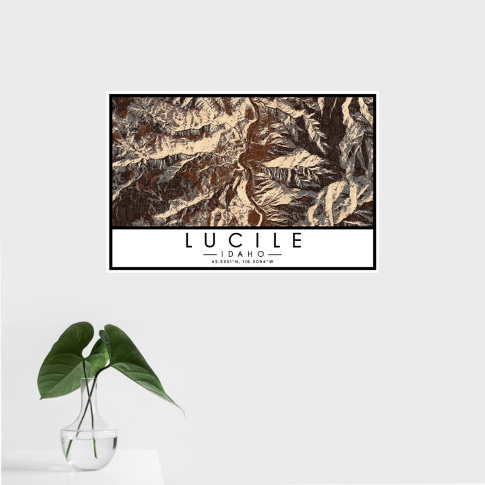 16x24 Lucile Idaho Map Print Landscape Orientation in Ember Style With Tropical Plant Leaves in Water