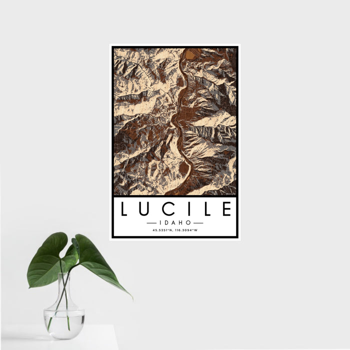 16x24 Lucile Idaho Map Print Portrait Orientation in Ember Style With Tropical Plant Leaves in Water