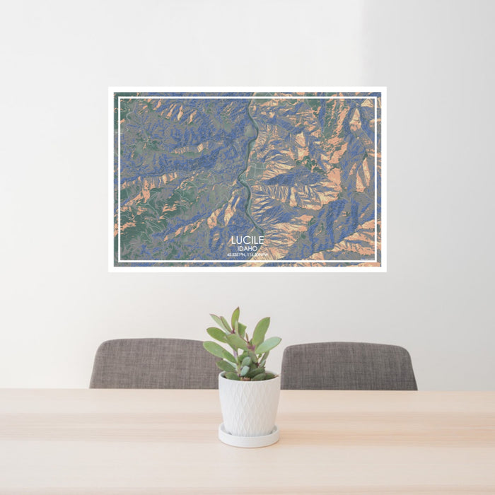 24x36 Lucile Idaho Map Print Lanscape Orientation in Afternoon Style Behind 2 Chairs Table and Potted Plant