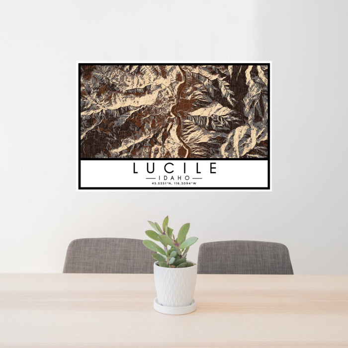 24x36 Lucile Idaho Map Print Lanscape Orientation in Ember Style Behind 2 Chairs Table and Potted Plant
