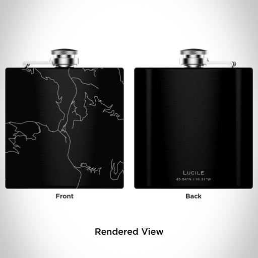 Rendered View of Lucile Idaho Map Engraving on 6oz Stainless Steel Flask in Black