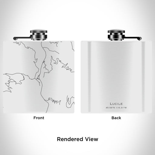 Rendered View of Lucile Idaho Map Engraving on 6oz Stainless Steel Flask in White