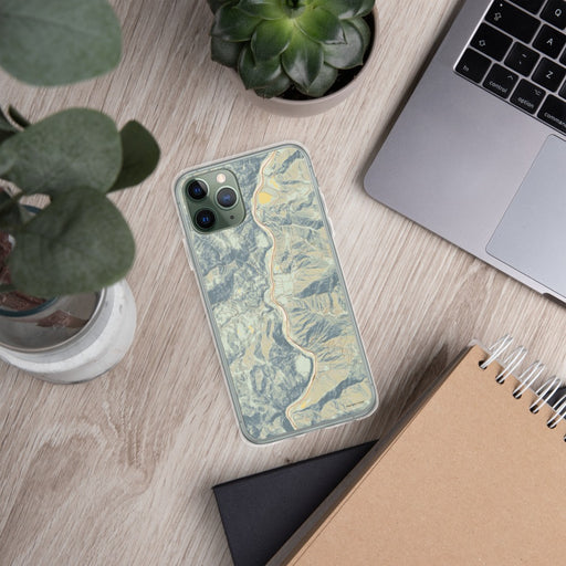 Custom Lucile Idaho Map Phone Case in Woodblock on Table with Laptop and Plant
