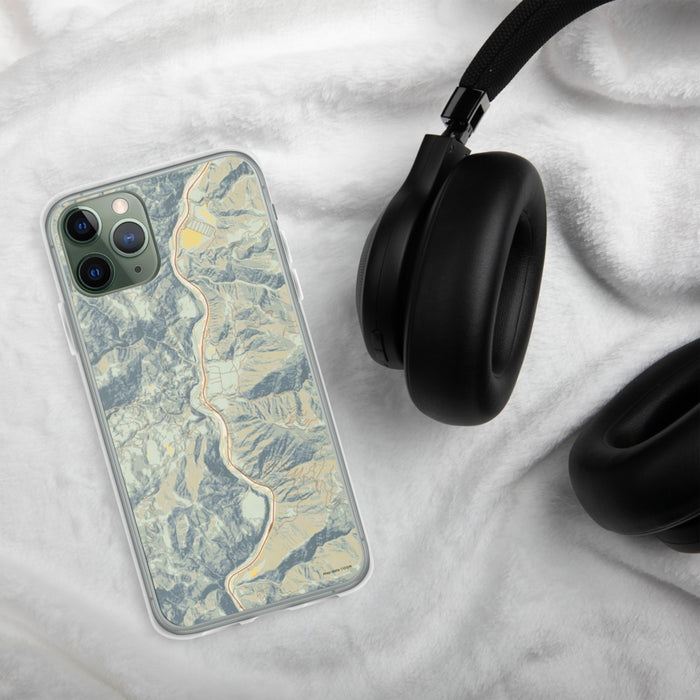 Custom Lucile Idaho Map Phone Case in Woodblock on Table with Black Headphones