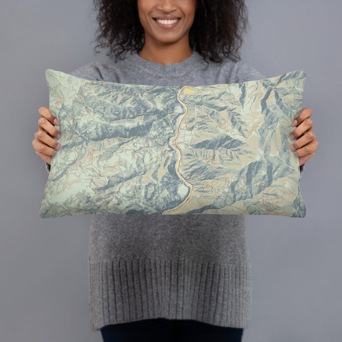Person holding 20x12 Custom Lucile Idaho Map Throw Pillow in Woodblock