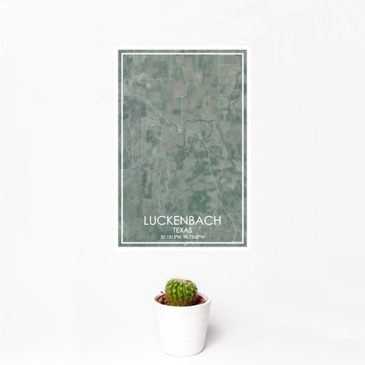12x18 Luckenbach Texas Map Print Portrait Orientation in Afternoon Style With Small Cactus Plant in White Planter