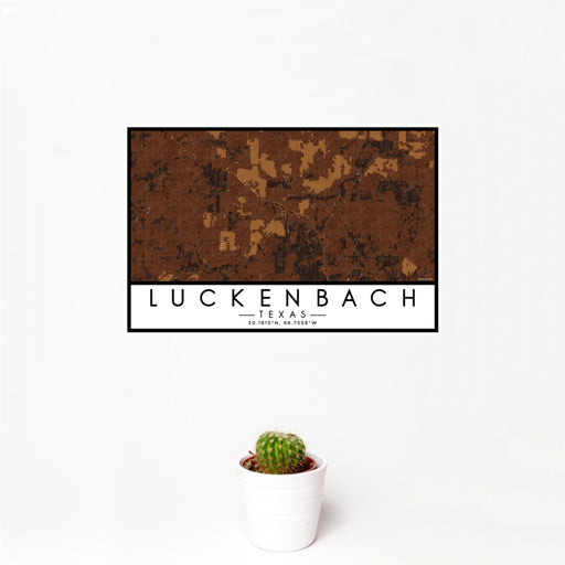 12x18 Luckenbach Texas Map Print Landscape Orientation in Ember Style With Small Cactus Plant in White Planter