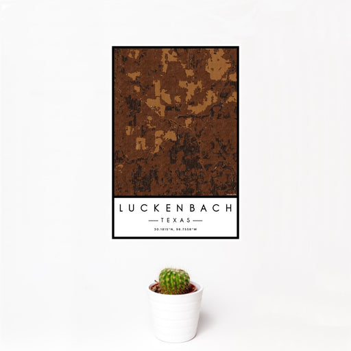 12x18 Luckenbach Texas Map Print Portrait Orientation in Ember Style With Small Cactus Plant in White Planter