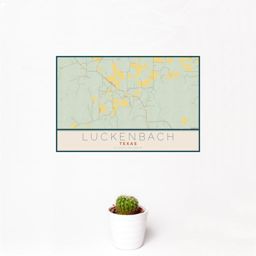 12x18 Luckenbach Texas Map Print Landscape Orientation in Woodblock Style With Small Cactus Plant in White Planter