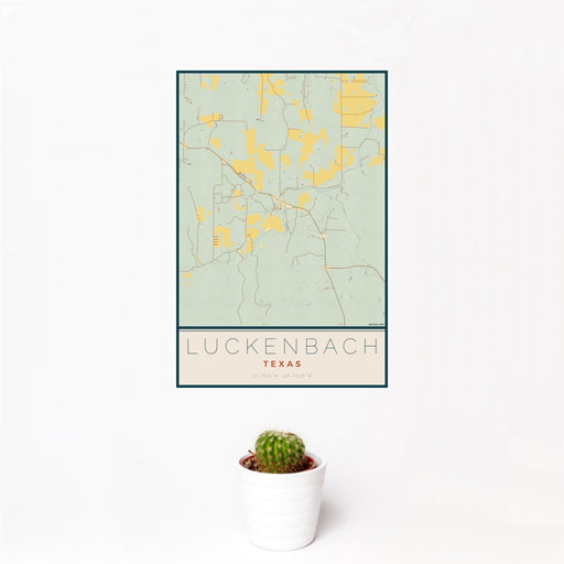 12x18 Luckenbach Texas Map Print Portrait Orientation in Woodblock Style With Small Cactus Plant in White Planter