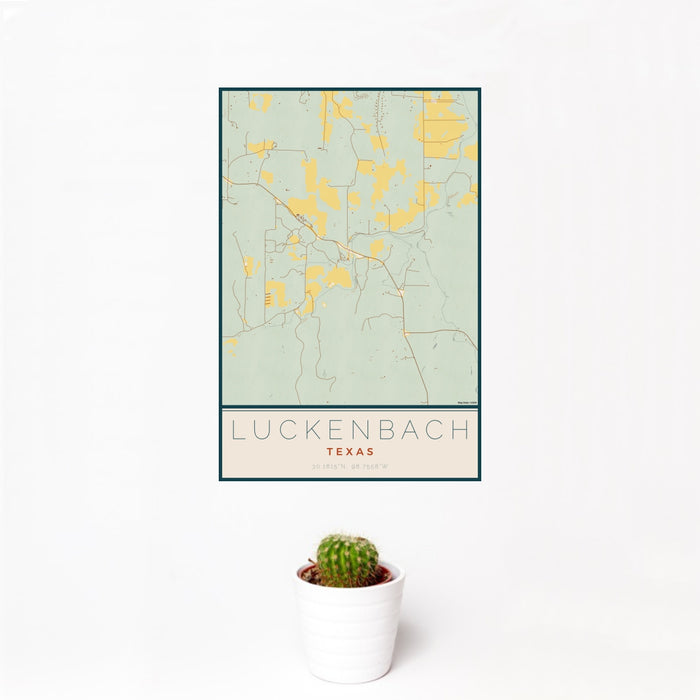 12x18 Luckenbach Texas Map Print Portrait Orientation in Woodblock Style With Small Cactus Plant in White Planter