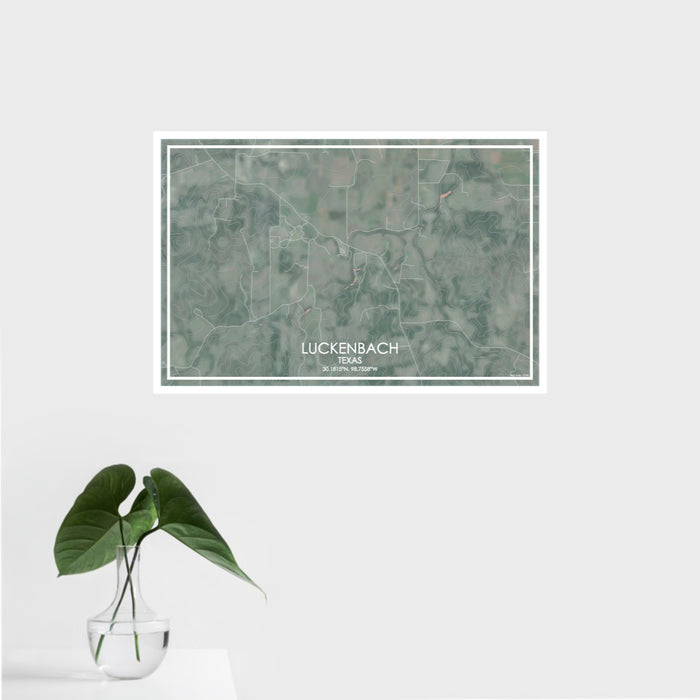 16x24 Luckenbach Texas Map Print Landscape Orientation in Afternoon Style With Tropical Plant Leaves in Water