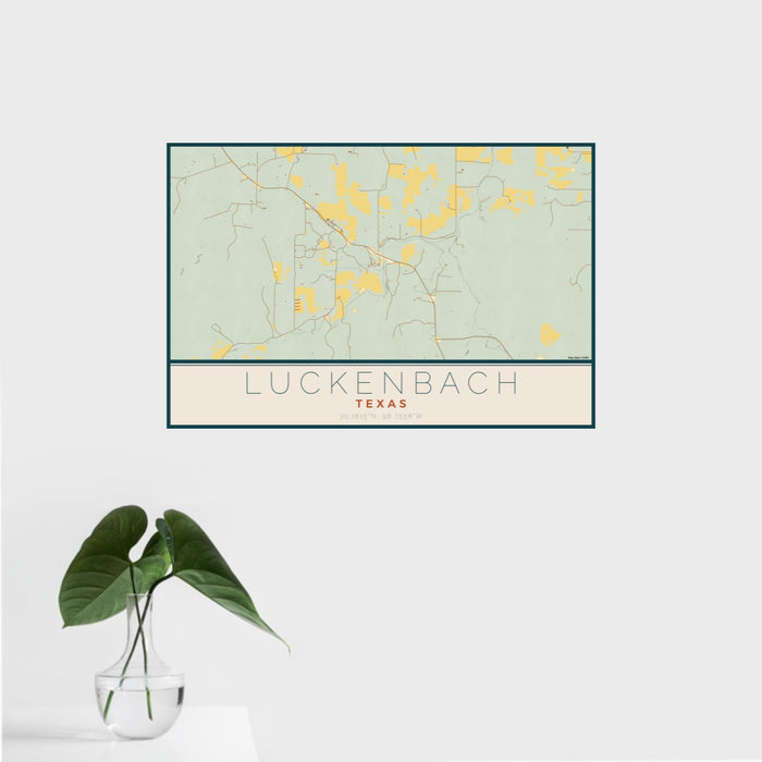 16x24 Luckenbach Texas Map Print Landscape Orientation in Woodblock Style With Tropical Plant Leaves in Water