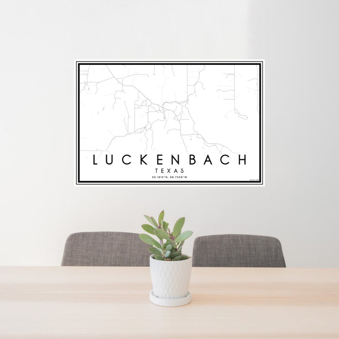 24x36 Luckenbach Texas Map Print Lanscape Orientation in Classic Style Behind 2 Chairs Table and Potted Plant