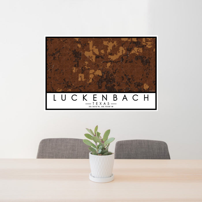 24x36 Luckenbach Texas Map Print Lanscape Orientation in Ember Style Behind 2 Chairs Table and Potted Plant