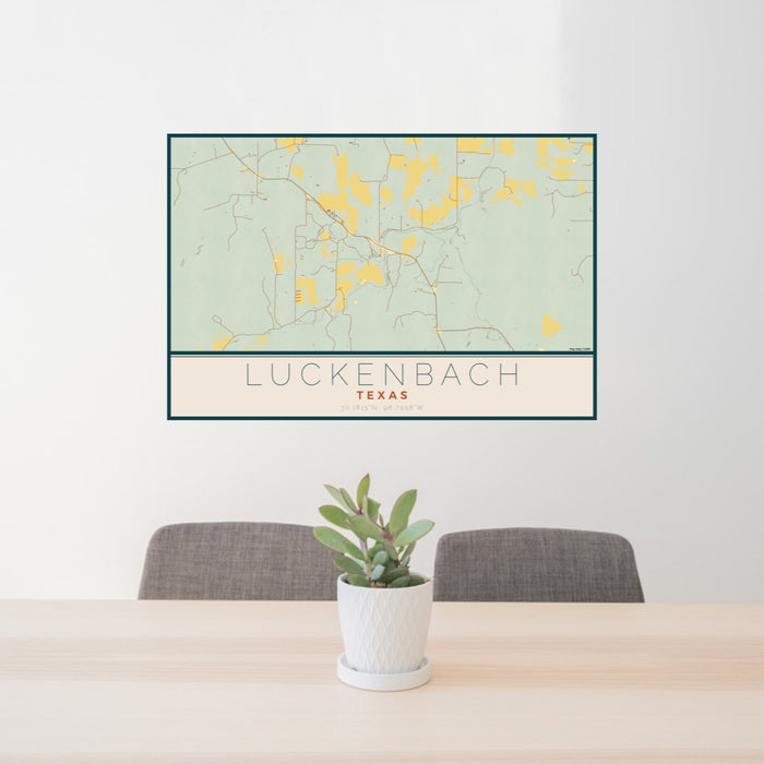 24x36 Luckenbach Texas Map Print Lanscape Orientation in Woodblock Style Behind 2 Chairs Table and Potted Plant