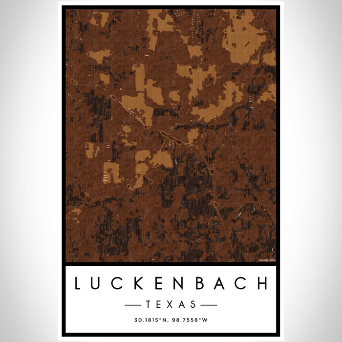 Luckenbach Texas Map Print Portrait Orientation in Ember Style With Shaded Background