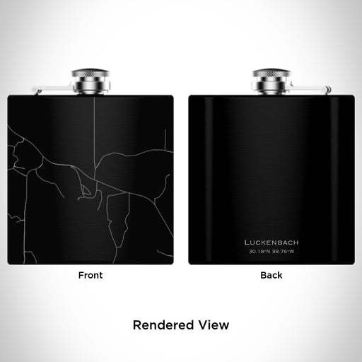 Rendered View of Luckenbach Texas Map Engraving on 6oz Stainless Steel Flask in Black