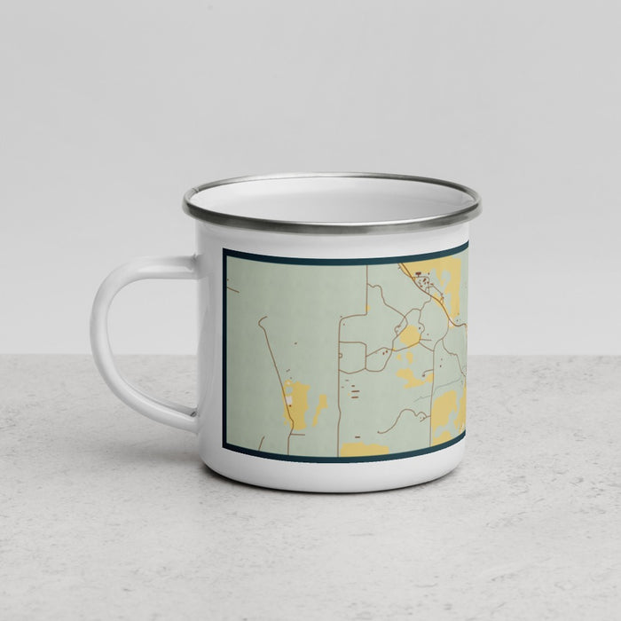 Left View Custom Luckenbach Texas Map Enamel Mug in Woodblock