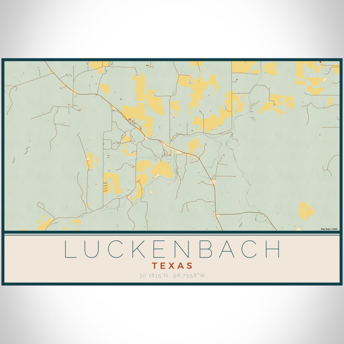 Luckenbach Texas Map Print Landscape Orientation in Woodblock Style With Shaded Background