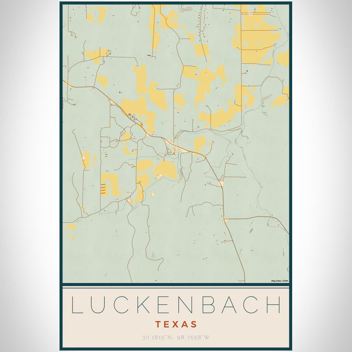 Luckenbach Texas Map Print Portrait Orientation in Woodblock Style With Shaded Background