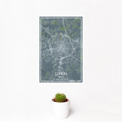 12x18 Lufkin Texas Map Print Portrait Orientation in Afternoon Style With Small Cactus Plant in White Planter