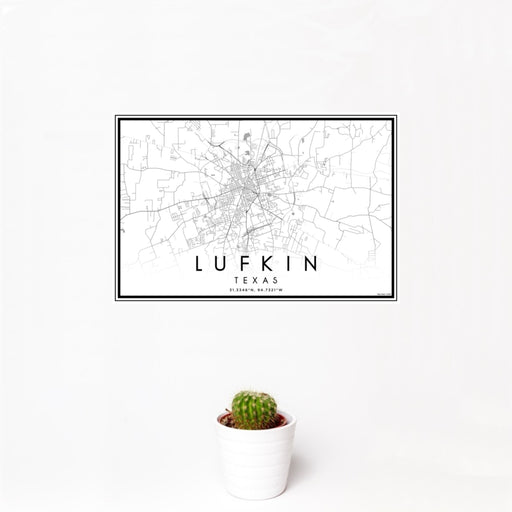12x18 Lufkin Texas Map Print Landscape Orientation in Classic Style With Small Cactus Plant in White Planter