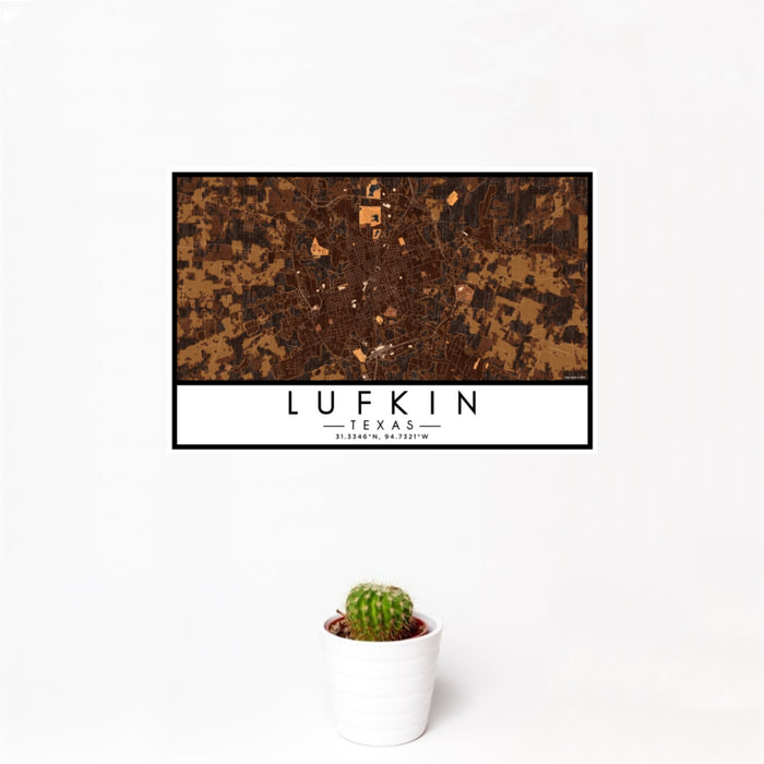 12x18 Lufkin Texas Map Print Landscape Orientation in Ember Style With Small Cactus Plant in White Planter