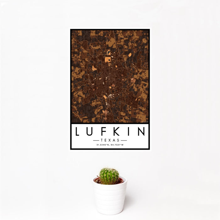 12x18 Lufkin Texas Map Print Portrait Orientation in Ember Style With Small Cactus Plant in White Planter