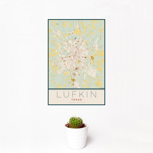12x18 Lufkin Texas Map Print Portrait Orientation in Woodblock Style With Small Cactus Plant in White Planter