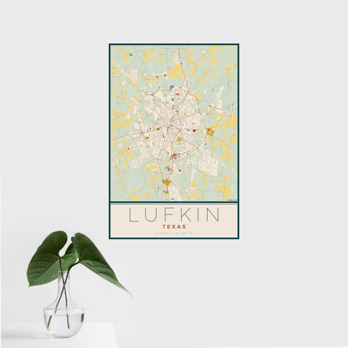 16x24 Lufkin Texas Map Print Portrait Orientation in Woodblock Style With Tropical Plant Leaves in Water