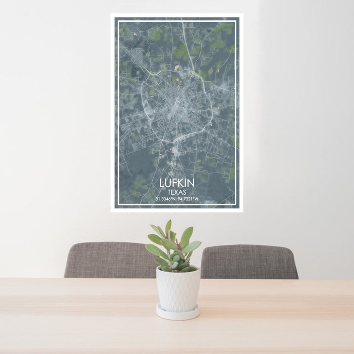 24x36 Lufkin Texas Map Print Portrait Orientation in Afternoon Style Behind 2 Chairs Table and Potted Plant