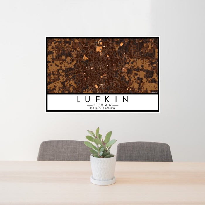 24x36 Lufkin Texas Map Print Lanscape Orientation in Ember Style Behind 2 Chairs Table and Potted Plant