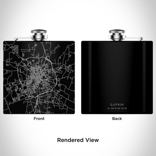 Rendered View of Lufkin Texas Map Engraving on 6oz Stainless Steel Flask in Black