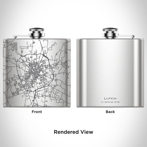 Rendered View of Lufkin Texas Map Engraving on 6oz Stainless Steel Flask
