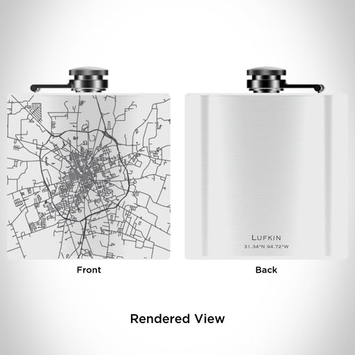 Rendered View of Lufkin Texas Map Engraving on 6oz Stainless Steel Flask in White
