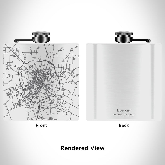 Rendered View of Lufkin Texas Map Engraving on 6oz Stainless Steel Flask in White
