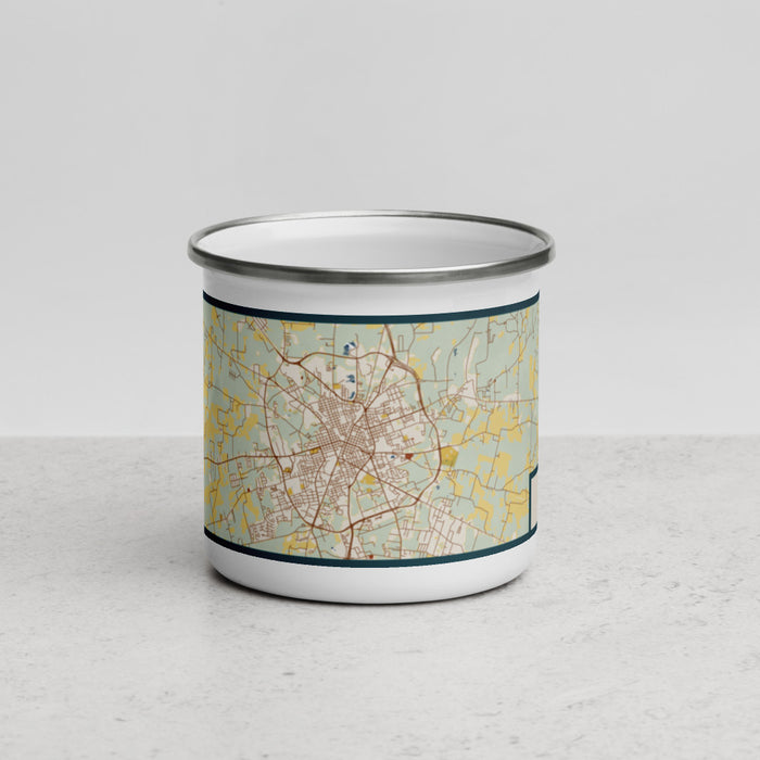 Front View Custom Lufkin Texas Map Enamel Mug in Woodblock