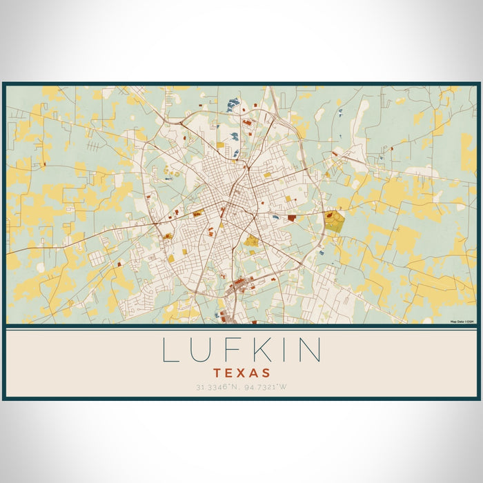Lufkin Texas Map Print Landscape Orientation in Woodblock Style With Shaded Background