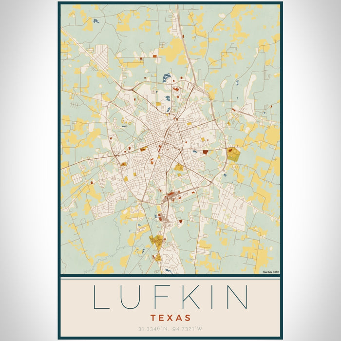 Lufkin Texas Map Print Portrait Orientation in Woodblock Style With Shaded Background