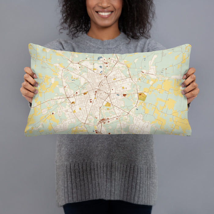 Person holding 20x12 Custom Lufkin Texas Map Throw Pillow in Woodblock