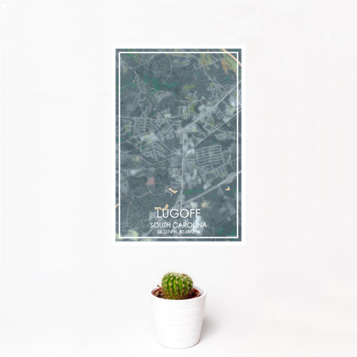 12x18 Lugoff South Carolina Map Print Portrait Orientation in Afternoon Style With Small Cactus Plant in White Planter