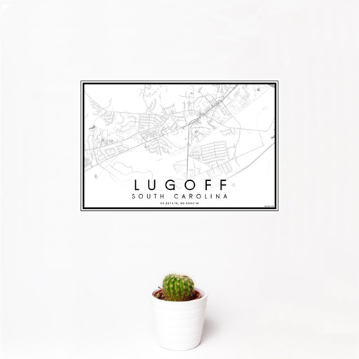 12x18 Lugoff South Carolina Map Print Landscape Orientation in Classic Style With Small Cactus Plant in White Planter