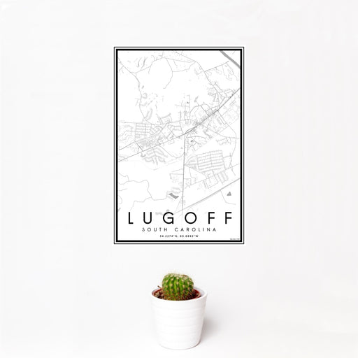 12x18 Lugoff South Carolina Map Print Portrait Orientation in Classic Style With Small Cactus Plant in White Planter